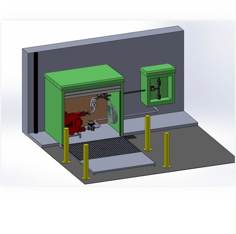 Design model showing GRP PAC dosing kiosk internals and electric roller shutter door